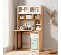 Bureau d'angle en MDF blanc et bois naturel avec armoire haute 180 cm et rangement intégré