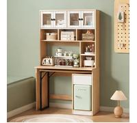 Bureau d'angle en MDF finition bois naturel et soft white avec armoire haute 180 cm et rangements intégrés