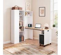 Bureau d'angle escamotable en MDF ton blanc avec rangements intégrés et connectique