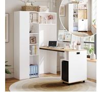 Bureau d'angle fonctionnel blanc escamotable, bibliothèque intégrée, étagères ajustables, port USB, dimensions indiquées