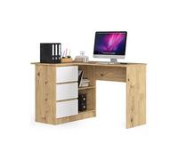 Bureau d'angle gauche B16 Chêne Artisan 124 cm 3 tiroirs façade Blanche 2 étagères 124x85x77 cm