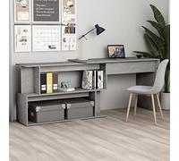 Bureau d'angle Gris béton 200x50x76 cm en Bois d'ingénierie, Table à écrire rotative avec Compartiments Ouverts pour Espace d'étude et Travail