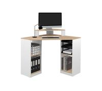 IDMarket – Bureau d'angle Harry – Blanc et façon hêtre, gain de place avec rangements