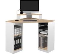 IDMarket – Bureau d'angle Harry – Blanc et façon hêtre, gain de place avec rangements