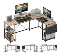 HOMCOM Bureau d'angle modulable réversible, Bureau avec Rangement 168-240 cm Style Industriel - étagère réglable, Sac de Rangement, Support d'écran, Bureau d'ordinateur pour 2 Personnes, Bois Naturel