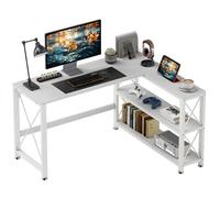 HOMCOM Bureau d'angle modulable réversible, Bureau avec Rangement Style Moderne avec étagère de Rangement, Cadre en métal, Table d'ordinateur pour Petits espaces, Salon, 135 x 110 x 75 cm, Blanc