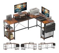 Bureau d'angle - HOMCOM - réversible - 168-240 cm - étagère réglable, sac de rangement, support d'écran - acier - brun rustique