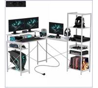 Bureau d'angle L Gaming - HOMCOM - Station de charge, support d'écran, rangements - Blanc