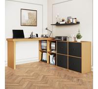 Bureau d'angle Merax, bureau en L, pivotant à 360°, table d'ordinateur avec 8 compartiments, 4 tiroirs, table de bureau, table de travail, noir+chêne