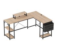 Bureau d'angle - HOMCOM - modulable réversible - 168-240 cm - étagère réglable, sac de rangement, support d'écran - bois naturel