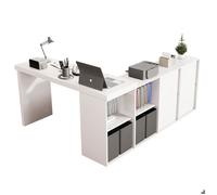Bureau d'angle pivotant 360° configurable en forme L ou droit, plateau épais 4 cm, 4 tiroirs et 4 compartiments, Blanc blanc BUREAU