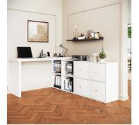 Bureau d'angle, plateau pivotant à 360°, pouvant être disposé en L ou en ligne droite, équipé de 4 étagères et de 4 tiroirs, blanc