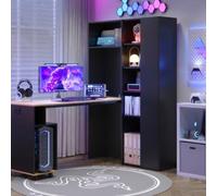 Bureau d'Angle Pliable à Roulettes Chambre Noir,6 Compartiments Ouvertes | 105x31x160cm,Bibliothèque,PC Rangement,Étagères Réglables,Butoir Anti-Chute,USB,Pour Petites Appartement,Étudiante,Moderne