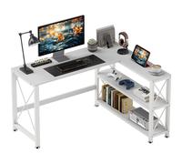 HOMCOM Bureau d'angle modulable réversible, Bureau avec Rangement Style Moderne avec étagère de Rangement, Cadre en métal, Table d'ordinateur pour Petits espaces, Salon, 135 x 110 x 75 cm, Blanc