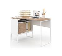 IDMarket - Bureau d'angle Rob - Blanc et façon hêtre, niche de rangement et porte, design industriel