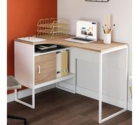IDMarket - Bureau d'angle Rob - Blanc et façon hêtre, niche de rangement et porte, design industriel