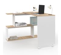 Bureau d'angle rotatif 180° JOY étagère forme S bois façon hêtre et blanc