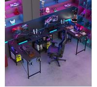 Bureau d'angle VIVOLILV - Noir - Fibre de carbone - avec prises et ports USB