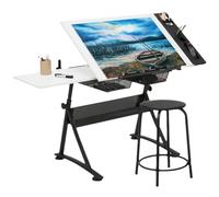 Bureau d'art blanc réglable en hauteur avec tabourets, table de dessin inclinable de 0° à 65°, bureau extra large pour artistes, design créatif et projets d'artisanat, ergonomique et polyvalent