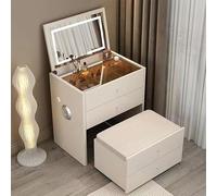 Bureau de coiffeuse avec miroir et lumières, design compact 3 en 1, tabouret de maquillage caché, 4 tiroirs, prise USB et haut-parleurs pour un rangement caché