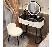 Bureau de coiffeuse avec miroir LED Smart Touch 3 couleurs en verre trempé noir élégant et pieds en fer peint avec tabouret - Deux options élégantes disponibles