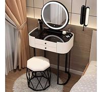 Bureau de coiffeuse avec miroir LED Smart Touch 3 couleurs en verre trempé noir et pieds en fer peint avec tabouret/chaise - Station de maquillage élégante pour un usage domestique