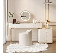 Bureau de coiffeuse avec miroir rond, station de maquillage en bois massif avec lumières et tiroirs de couleur réglables, élégante coiffeuse blanche et dorée pour les amateurs de beauté