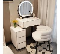 Bureau de coiffeuse avec tiroirs, table de maquillage avec chaise rembourrée et miroir rond à LED réglable, parfait pour la chambre des femmes et des filles