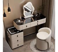 Bureau de coiffeuse éclairé avec miroir, 3 modes d'éclairage de couleur, 3 tiroirs, armoire de rangement, station de charge, table de maquillage beige (taille : B)