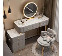 Bureau de coiffeuse gris avec miroir éclairé par LED tactile, 3 modes de couleur, table de maquillage avec 3 tiroirs, armoire de rangement et station de charge pour chambre à coucher, design moderne