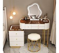 Bureau de coiffeuse moderne avec chargement sans fil Bluetooth haut-parleur 3 options de couleur de lumière, 6 tiroirs et tabouret de maquillage, blanc + or, grande taille