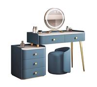 Bureau de coiffeuse moderne avec miroir LED intelligent en bois massif pour chambre à coucher comprenant une chaise de 120 cm, table de maquillage élégante avec tiroir de couleur bleue