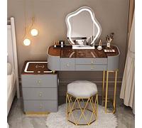 Bureau de coiffeuse moderne avec station de charge sans fil, haut-parleur Bluetooth, lumière 3 couleurs, miroir réglable, 6 tiroirs et tabouret de maquillage, parfait pour la chambre familiale, gris +