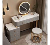 Bureau de courtoisie gris moderne avec miroir tactile éclairé à DEL 3 modes d'éclairage de couleur, 3 tiroirs, armoire de rangement et station de charge, table de maquillage parfaite pour chambre à
