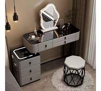 Bureau de courtoisie gris moderne avec miroir tactile éclairé par LED 3 modes d'éclairage de couleur, 3 tiroirs de rangement et station de charge, idéal pour la chambre à coucher, la zone de