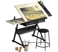 Bureau de dessin réglable en hauteur - Table en bois pour art et artisanat avec angle supérieur de 0 ° à 80 ° - Station de travail polyvalente pour artistes et designers, 2 tiroirs de rangement pour