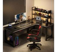 Bureau de Jeu en Forme de L, Bureau Gamer Angle À 90°, Table D'ordinateur avec Étagères de Rangement, Support de Pied de Table en Forme de H, Angles Gauche et Droit en Option, Noir