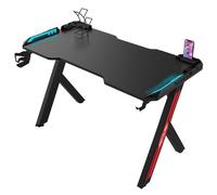 Bureau de jeu ergonomique avec lumières DEL et finition en fibre de carbone, table de jeu PC avec porte-gobelet et crochet pour casque, parfait pour l'installation de bureau à domicile, 120 x 60 x 73