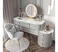 Bureau de maquillage avec miroir éclairé, dessus en marbre, 2 grands tiroirs, 3 modes d'éclairage de couleur - Idéal pour les filles