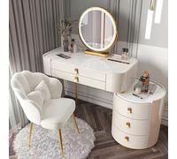 Bureau de maquillage avec miroir éclairé et dessus en marbre avec 2 grands tiroirs en marbre et plateau en marbre - 3 modes d'éclairage de couleur pour filles - Blanc - 80 cm