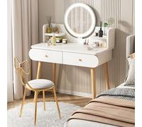 Bureau de maquillage avec miroir et lumières, 2 tiroirs, petite coiffeuse pour chambre à coucher, bureau d'écriture moderne pour petit espace
