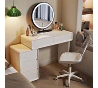 Bureau de maquillage avec miroir et lumières en bois massif blanc avec tiroirs et tabouret 70 x 40 x 76 cm, parfait pour chambre à coucher ou salle de beauté, élégant et fonctionnel