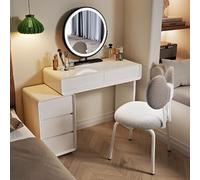 Bureau de maquillage avec miroir et lumières en bois massif blanc avec tiroirs et tabouret (chaise nœud papillon 70 x 40 x 76 cm) - Parfait pour la chambre à coucher