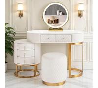 Bureau de Maquillage avec Miroir LED Intelligent, Ensemble de Coiffeuse avec Tabouret rembourré et 4 tiroirs, Coiffeuse de Chambre Moderne