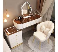 Bureau de maquillage avec station de charge sans fil, haut-parleur Bluetooth, 3 couleurs de lumière, miroir réglable, 6 tiroirs et tabouret de maquillage, idéal pour la chambre à coucher familiale,
