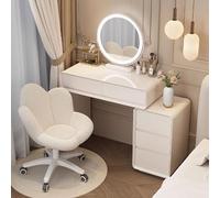 Bureau de maquillage blanc avec chaise LED 3 couleurs, coiffeuse en bois pour chambre à coucher, chaise pivotante incluse, dimensions 80 x 40 x 76 cm, design élégant et fonctionnel
