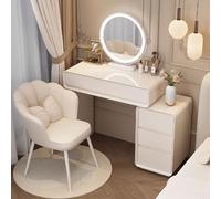 Bureau de maquillage blanc avec chaise pétale avec lumière LED 3 couleurs, coiffeuse en bois pour chambre à coucher, taille compacte (70 x 40 x 76 cm)