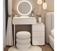 Bureau de maquillage blanc avec éclairage LED 3 couleurs, table de coiffeuse en bois avec tabouret rond, coiffeuse élégante pour chambre à coucher, parfaite pour la routine de beauté, 60 x 40 x 76 cm