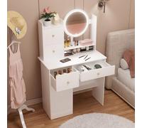 Bureau de Maquillage, Coiffeuse Moderne avec Miroir éclairé par LED et tiroirs, Petite Blanche 1 Porte étagères, Rangement Organisateur, Bureau pour Chambres à Coucher Petit Blanc