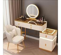 Bureau de maquillage élégant sans fil avec haut-parleur Bluetooth 100 cm avec miroir et tabouret pour femmes et filles Design élégant gris et noir